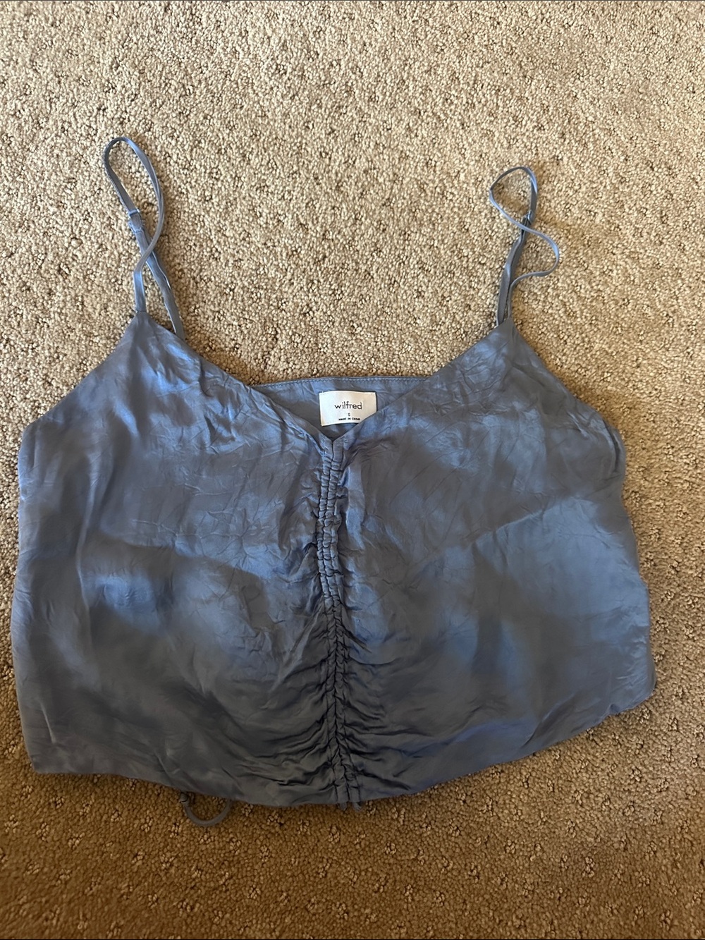Aritzia Wilfred Slate Blue Satin Ruched Cami